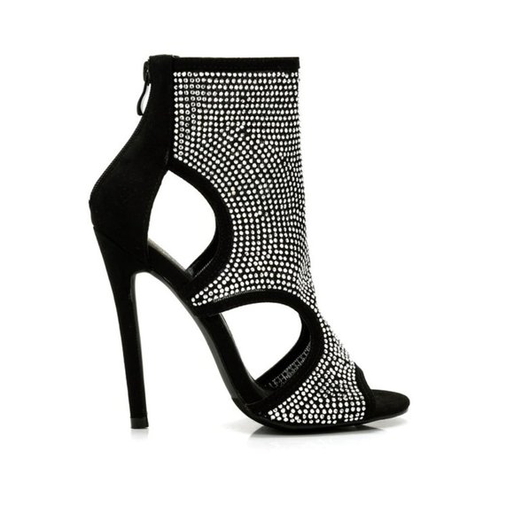 NEW Black Rhinestone Peep Toe Stiletto Ankle Boots - Picture 2 of 8